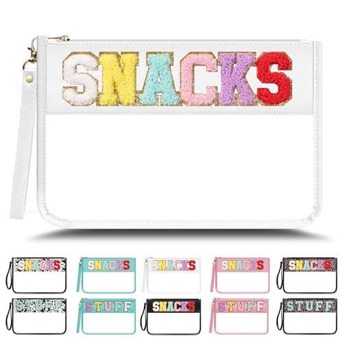 YEMEDA Chenille Letter Clear Zipper Pouch for Travel, Nylon Makeup Letter Bag, PVC Waterproof Cosmetic Bag, Snack Bags for Women Girls, Clear Stuff Bags For Travel(White-Snacks)