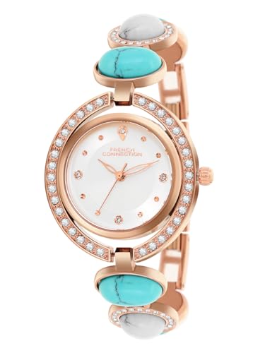 Image of French Connection Sunray Silver Round Dial with Rosegold with Blue and White Stone Alloy Strap Watch - for Womens FCD1URGM
