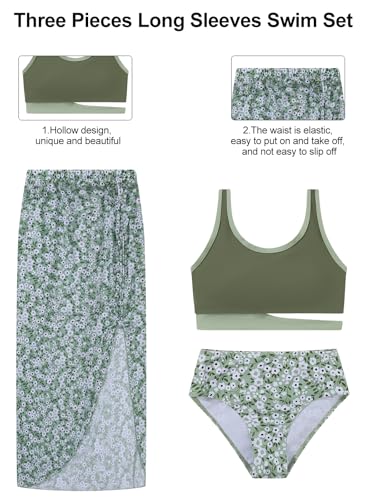 Image of URMAGIC Girls Swimsuit Bikini Set 3 Piece Bathing Suit Tropical Floral Swimwear with Cover Up Skirt 9-16Y