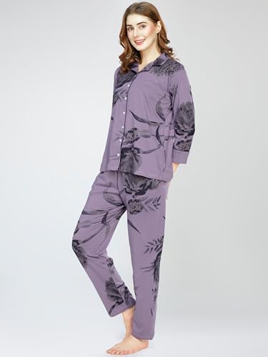 Image of ZEYO Night Suit for Women's Floral Printed Cotton Night Dress of Shirt and Pajama Set 5760