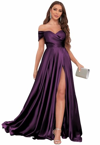 Image of SOLODISH Off The Shoulder Satin Prom Dresses for Women Long Formal Evening Party Dress with Slit