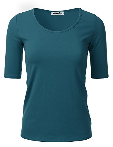 SSOULM Women's 1/2 Sleeve Scoopneck Cotton Basic Slim Fit T-Shirt Top DARKTEAL 2XL