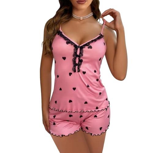 Satohom Schlafanzug Damen Pyjama Set Kurz Sommer Hausanzug 2-Teiliges Ärmellos Verstellbare Spaghettiträger Cami Top und Shorts Home Spitze Nachtwäsche V-Ausschnitt Loungewear Sleepwear S-XL