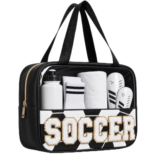 PPeen Soccer Clear Makeup Bag for Girls Chenille Letter Zipper Cosmetic Pouch Portable Travel Toiletry Bag Soccer Team Gift