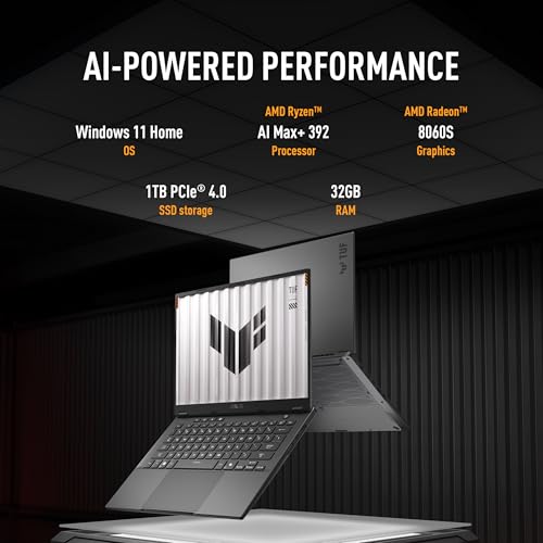 Image of ASUS TUF Gaming A14 Copilot+ PC Gaming Laptop, 14 inch WQXGA 16:10 165Hz Display, AMD Ryzen AI Max+ 392 Processor, 32GB LPDDR5X, 1TB PCIe Gen 4.0 SSD, Wi-Fi 6E, Windows 11 Home, FA401, Jaegar Gray