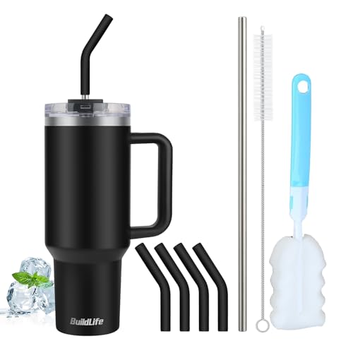 BuildLife Tazza termica da 40 oz con cannuccia e manico, in acciaio inox isolato, a doppia parete, a prova di perdite, senza BPA, lavabile in lavastoviglie (nero, 1200 millilitri)