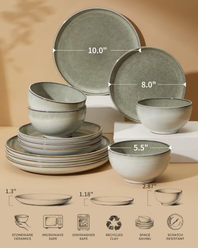 Image of Pokini Ceramic Dinnerware Sets for 4, 12pcs Plates and Bowls Sets Dish Set