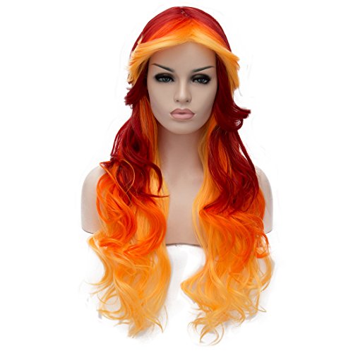 Alacos 70cm Red Orange Yellow Long Heat Resistant Hair Multicolored Cosplay Wigs for Women+ Wig Cap