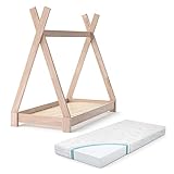 VitaliSpa Kinderbett Tipi Hausbett Indianer Bett Kinderhaus Massivholz Zelt Holz (Natur mit Matratze, 70 x 140 cm)