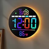 Jassurance 8in Round Digital Wall Clock, RGB Color Display, Auto DST, Temperature, Alarm Clocks for Living Room, Bedroom, Office, Classroom, Gym Countdown Timer