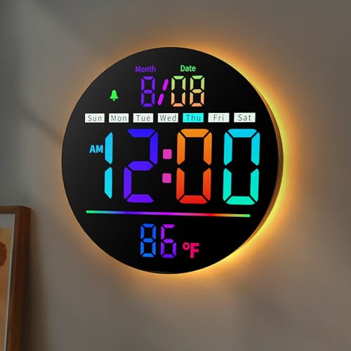 Jassurance 8in Round Digital Wall Clock, RGB Color Display, Auto DST, Temperature, Alarm Clocks for Living Room, Bedroom, Office, Classroom, Gym Countdown Timer