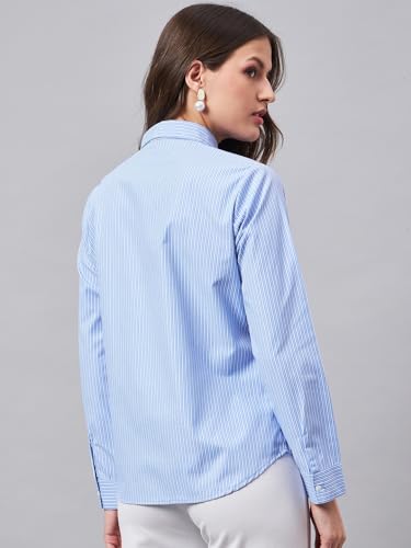 Image of Style Quotient Women Self Design Stripe Blue and White Polycotton Formal Shirt