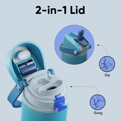 Image of Insulated Water Bottle with Straw - Encool Stainless Steel Water Bottle with Push Button Lid, Leak-Proof & BPA-Free, Keeps Cold for 24 Hours for Sports, Travel, Gym (18 oz, Silk Blue)
