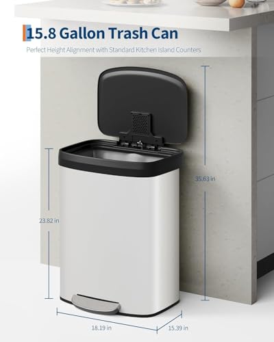Caneca de basura rectangular metálica blanca de 60 L con pedal miniatura 2