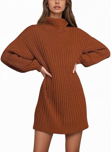 Saodimallsu Damen Strickkleid Langarm Rollkragenpullover Kleid Oversized Laternenärmeln Minikleid Casual Einfarbig Pullover Herbst Winter Karamell L
