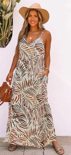 Image of Bluetime Women Summer Spaghetti Strap Maxi Dress V-Neck Sleeveless Flowy Boho Floral Beach Long Dress with Pockets