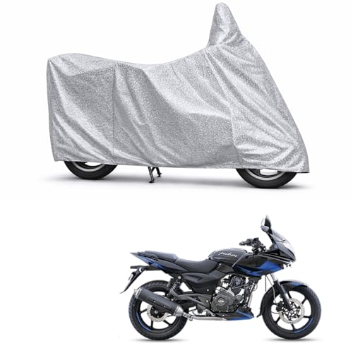 Image of 100% Waterproof Two Wheeler Body Cover Multi Layered Fabric Designed for Bajaj Pulsar 220 | Belt Buckle Lock | Silver Mag