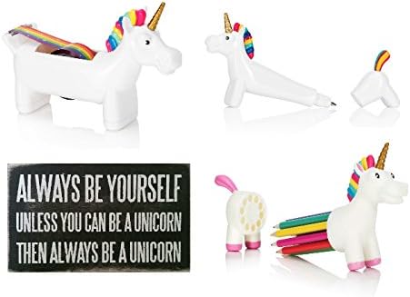 Unicorn Office Accessories Kit: Includes Unicorn Tape Dispenser with Rainbow Tape, Unicorn Colored Pencil Holder, Unicorn Pen, and "Be A Unicorn" Box Sign