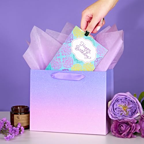 PAPER FAIR 12Pcs Ombre Purple Pink Gift Bags Bulk w/ 24 Tissue Paper, 9 x 7 In, Gradient Pastel Glitter Paper Gift Wrap Bag, Recyclable Gift Packaging for Wedding Birthday Mother\'s Day Baby Shower