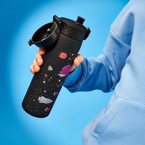 Ion8 Water Bottle, 500 ml/18 oz, Leak Proof, Easy to Open, Secure Lock, Dishwasher Safe, BPA Free, Hygienic Flip Cover, Carry Handle, Easy Clean, Odor Free, Carbon Neutral, Black, Spaceships Design