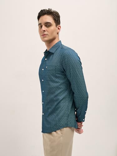 Image of THE BEAR HOUSE Men's Blue Tailored Fit Full Sleeve Cotton Printed Shirt