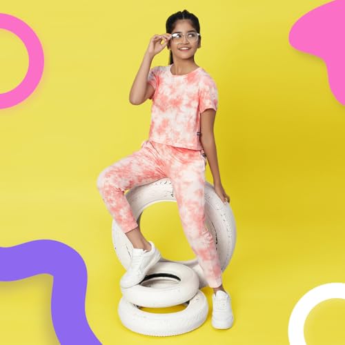 Image of TeenTrums Tie Dye Black Co-ord Set with Boat Neck Tshirt & Joggers, 100% Cotton, Fashion for Youth, Stylish Teen Fashion Collection, Tie Dye Set of Top & Bottom for Girls, Age 05 to 16 Years