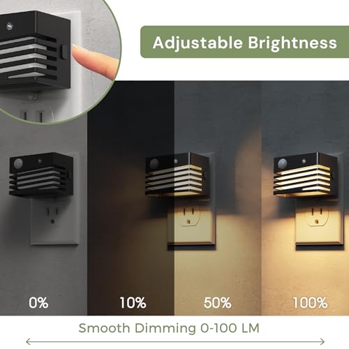 Image of L LOHAS LED Motion Sensor Night Lights, [2 Pack] Dimmable Night Light Plug into Wall with Dusk-to-Dawn Sensor, Adjustable Brightness, 3000K Plug in Nightlight for Bedroom Bathroom Hallway (Black)
