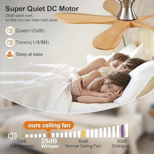 Image of Dimmable 42 Inch Flush Mount Ceiling Fans with Lights and Remote, 5 Blade Wood Bedroom Ceiling Fan Outdoor Ceiling Fans for Patios Low Profile Ceiling Fan with Light for Bedroom Indoor