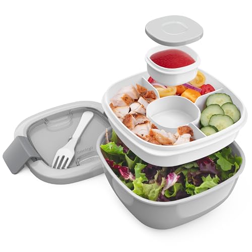Bentgo Salad Container - 54 oz Bowl with 4-Compartment Toppings Tray, Leak-Proof Dressing Container, Reusable Fork, BPA-Free Lunch Box for Meal Prep & Food Storage; Removable Bento Tray (Gray)