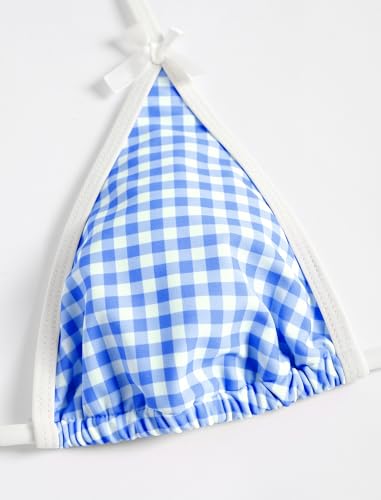 Image of ZAFUL Bikini Sets for Women Halter Bow Decor Tiny Floral Gingham Print Swimsuit Tie Side 2 Pieces Bathing Suit (2-a-Sky Blue, M)