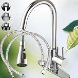 Grifo Cocina Extraíble Plateado de Acero Inoxidable–Grifo Fregadero con Ducha Extensible y 3 Modos de Agua– Diseño Moderno y Giratorio 360°–Fácil Instalación–Antihuella y Resistente a la Corrosión