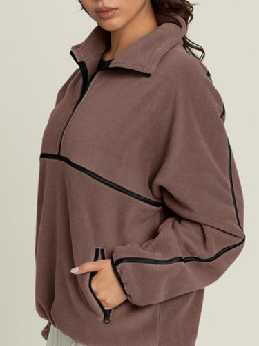 LASLULU Womens Half Zip Pullover Sweatshirt Sherpa Fleece Jacket Oversized Sweatshirts Warm Fuzzy Sweaters Pockets2