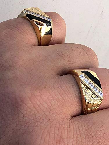 14k Gold Over Real Solid 925 Sterling Silver Men's Silver Nugget Ring - Iced CZ & Black Onyx - Pinky or Ring Finger - Sizes 6-133