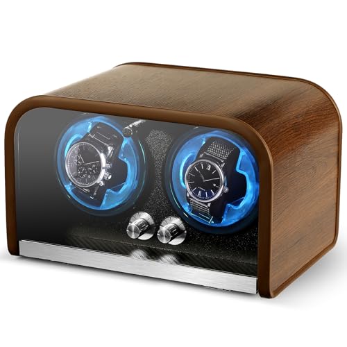 Watch Winder for Automatic Watches, Watch Winders Box for Rolex,Double Japanese Silent Motor, 4 Rotation Mode Setting, Blue Light, Plug-in or 2 * AA Batteries (not included), Retro Style, Gift for man