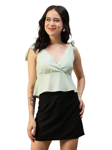 Image of oxolloxo Women Solid V-Neck Tie-Up Detail Shoulder Strap Slub Fabric Peplum Top