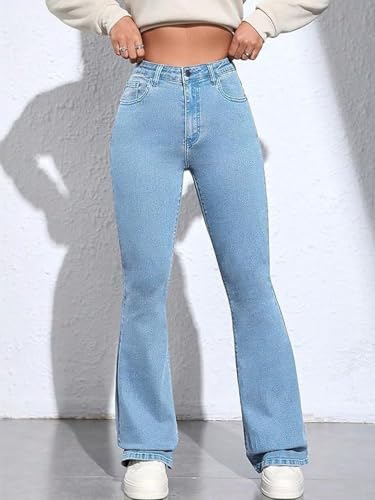 Image of Vogaan Women's High Waist Jeans || Flared Bell Bottom Bootcut Pants || Wide Leg Denim - Perfect for Travel, Party & Everyday Use