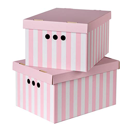 Cardboard Storage Boxes with Lid Decorative Wardrobe Closet Home & Office Organiser with Handle Flat-Packed Stackable File Box Gift for Adults & Kids Set of 2 Large - Pink Stripes