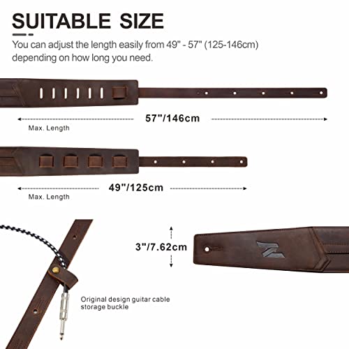 Nefelibata 3" Guitar Strap, Full Grain Leather, With Foam Padding And Cable Storage Loop, For Bass, Electric And Acoustic Guitars（Dark Brown） #TOP6