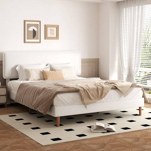 Sismplly King Size Upholstered Bed Frame with Adjustable Headboard, Faux