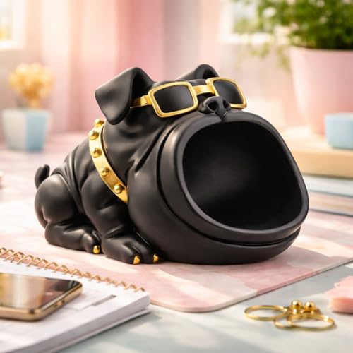 Image of Xtore Sculptural Bulldog Storage Organizer Showpiece| Modern Matte Black Dog Figurine with Sunglasses & Utility Bowl for Living Room, Desk, Entryway Styling (Black, 26 x 16 cm)