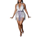 Womens Sexy Sparkly Rhinestones Dress + Tassels Skirts Halter Neck Backless Spaghetti Straps Hot Dri