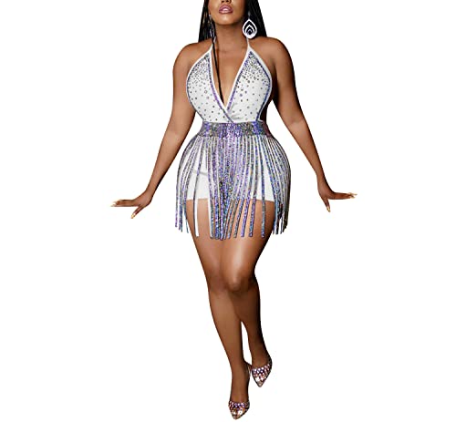 Womens Sexy Sparkly Rhinestones Dress + Tassels Skirts Halter Neck Backless Spaghetti Straps Hot Drilling Process Party Club See Through Party Club Night Dress Bodycon Clubwear White #TOP10