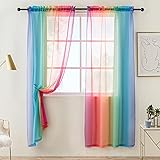 Stiio Colorful Sheer Curtains for Girls Room, Rainbow Stripe See Through Cute Voile Curtains Drapes for Teen Kids Room Decor, Window Treatment Set 2 Panels, W52 x L96 Inch