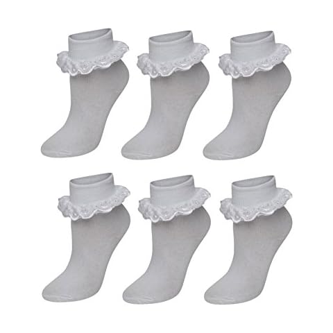 6 Pairs Of Girls Lace Socks, Children's Frilly Ankle School Socks By Sock Stack, White, 9/12 Cover