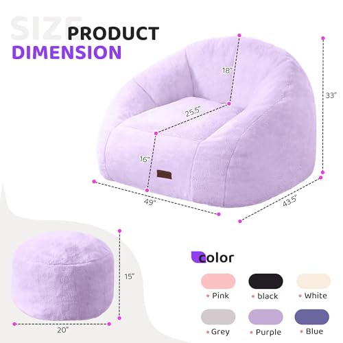 Image of HABUTWAY Bean Bag Chair, Giant Bean Bag Chairs for Adults with Ottoman, Comfy Faux Fur Shell-Shaped Bean Bag Couch, Sofa Chair for Living Room, Bedroom, Purple