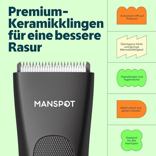 MANSPOT Intimrasierer Mann, Körperhaartrimmer für Herren, Professioneller Body Trimmer Wasserdicht mit 4 Scherkämmen – Für Trimmen von Brust, Beinen, Achseln & Intimbereich – Nass & Trocken