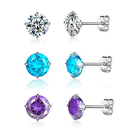 Kämise Silver Stud Earrings for Women, 3 Pairs 925 Sterling Silver Cubic Zirconia Stud Earrings Set, Hypoallergenic 5mm Small Sleeper Cartilage Studs, 3 Colors in White, Aquamarine Blue & Purple Cover