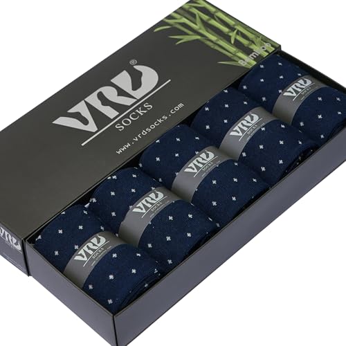 VRD Bamboo Mens Dress Socks for Men, 5-Pack, Blue Navy Crew Length Mid-Calf Socks, Mens Shoe Size 8-13