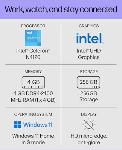 Image of HP 14 Laptop (14 inch HD, Intel Celeron N4120, 4GB RAM, 128GB eMMC + 128GB IST SD Card) for Home, Students, Business, 11-Hr Battery Life, Anti-Glare, 1-Year Office 365, Win 11 Home S w /AI Copilot, Silver