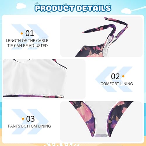 KLL Plum Flower Black Background Girls Two Piece Bikini Set Quick-Dry Bathing Suit Swimming Suits Adjustable Shoulder Strap4